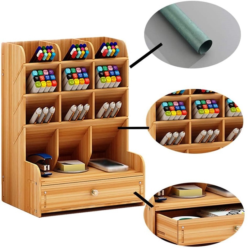 Træblyantholder til børn stor kapacitet penholder kontorpapir pen til gør-det-selv opbevaring makeup organizer med skuffe