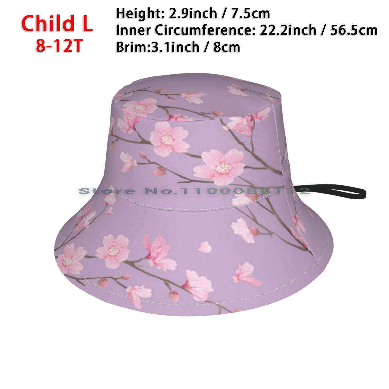 Cherry Blossom-Pastel Purple Bucket Hat Sun Cap Cherry Blossom Tree Japanese Cherry Blossom Sakura Flower The Cherry Tree: Child Bucket Hat - L