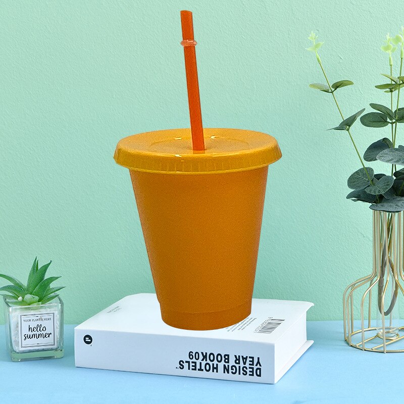 Color Changing Cold Drink Cups Reusable Temperature-Sensitive Plastic Colorful Coffee Cup with Lids and Straws 480ML
