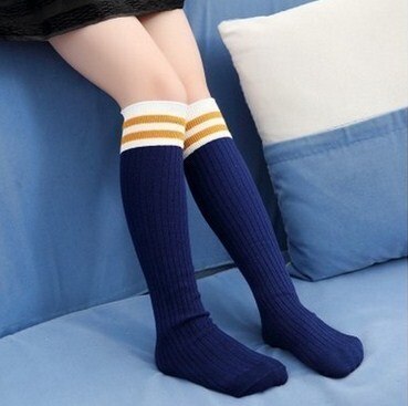 Baumwollsocken für freundlicher, lässige gestreifte schulsocken, kniehoch, aus weicher, atmungsaktiver baumwolle, für jungen und mädchen, lange socken über dem knie: Blau / L länge ungefähr 42cm