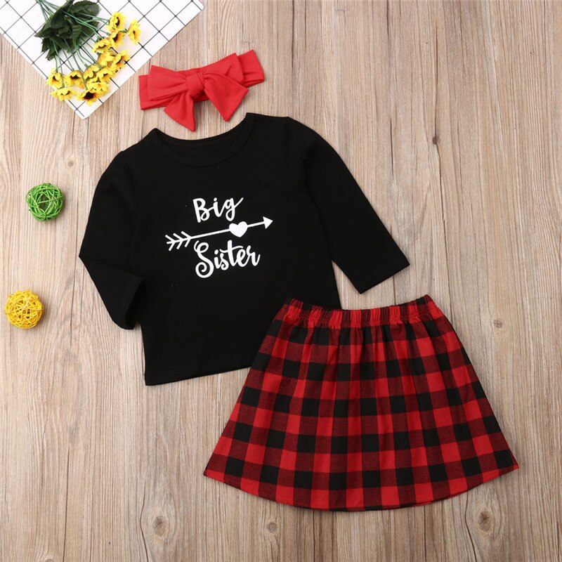 Family Matching Clothes Big Sister T-shirt Little Sister Romper+Plaid Dress Outfits: Big 3 To 4 Years