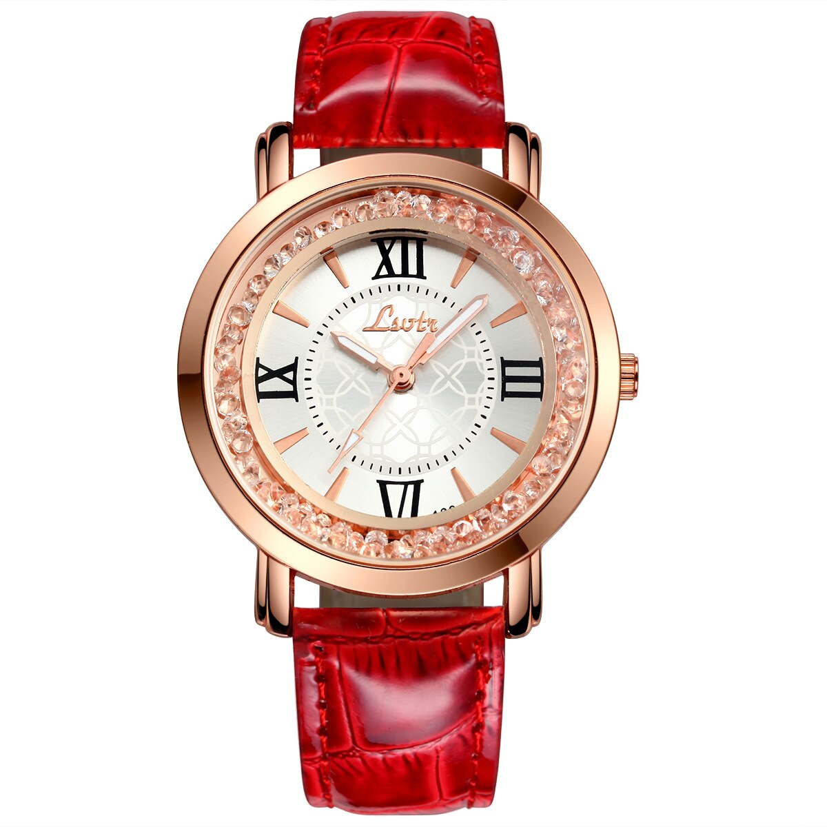 Ladies Watch PU Leather Watches Women Rhinestone Quartz Wristwatches: Red