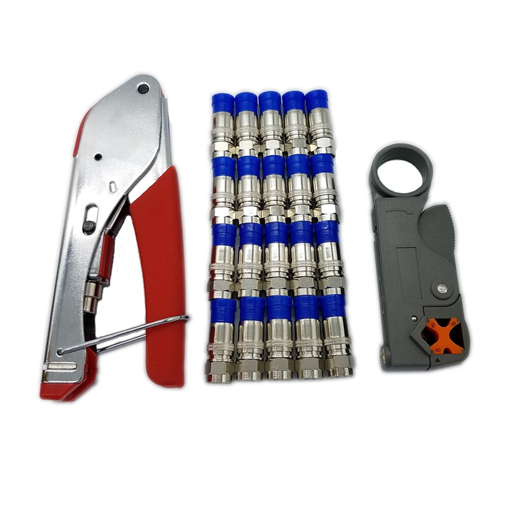 Coax Cable Crimper Coaxial Compression Tool Kit RG59/RG6 Cable TV Crimping Tool Set Wire Stripper with 20 F Heads Connectors