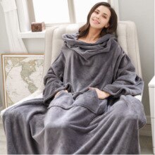 Soft Warm Microfiber Plush Coral Fleece Sherpa Blanket With Sleeves Super Outdoor Pocket Adult Winter Hooded TV Blankets