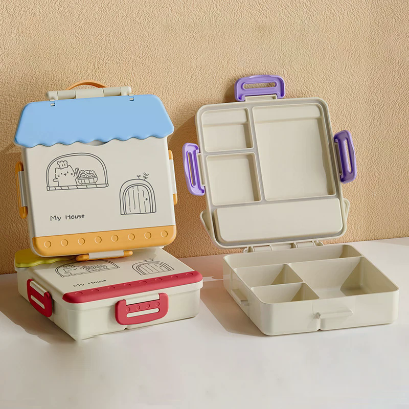 Uroczy plastikowy pojemnik na obiad z przegródkami, kreskówkowy pojemnik na jedzenie z pokrywkami, przenośny lunchbox bento dla uczniów i pracowników biurowych.