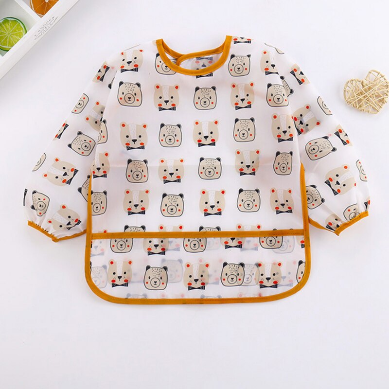 Cartoon Baby Bibs Kids Toddler Long Sleeve Apron Waterproof Art Smock Infant Boy Girl Feeding Bib With Pocket: brown