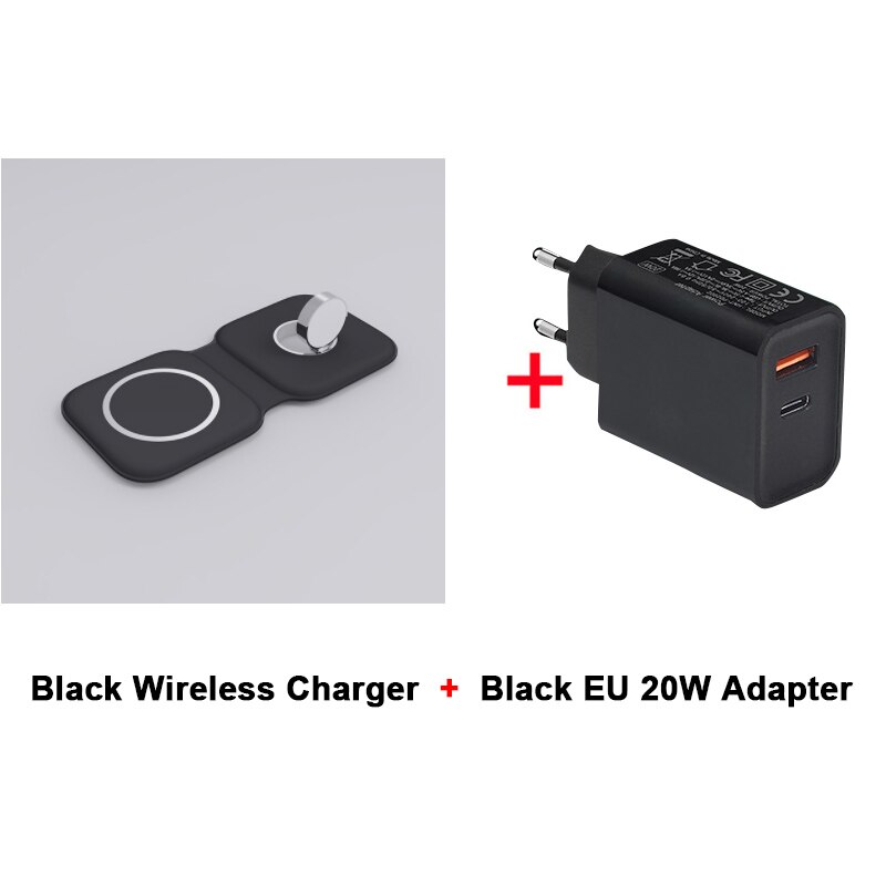 2-in-1 Wireless Charging Station for iPhone & Apple Watch - Magsafe Compatible: Black with Black EU Adapter
