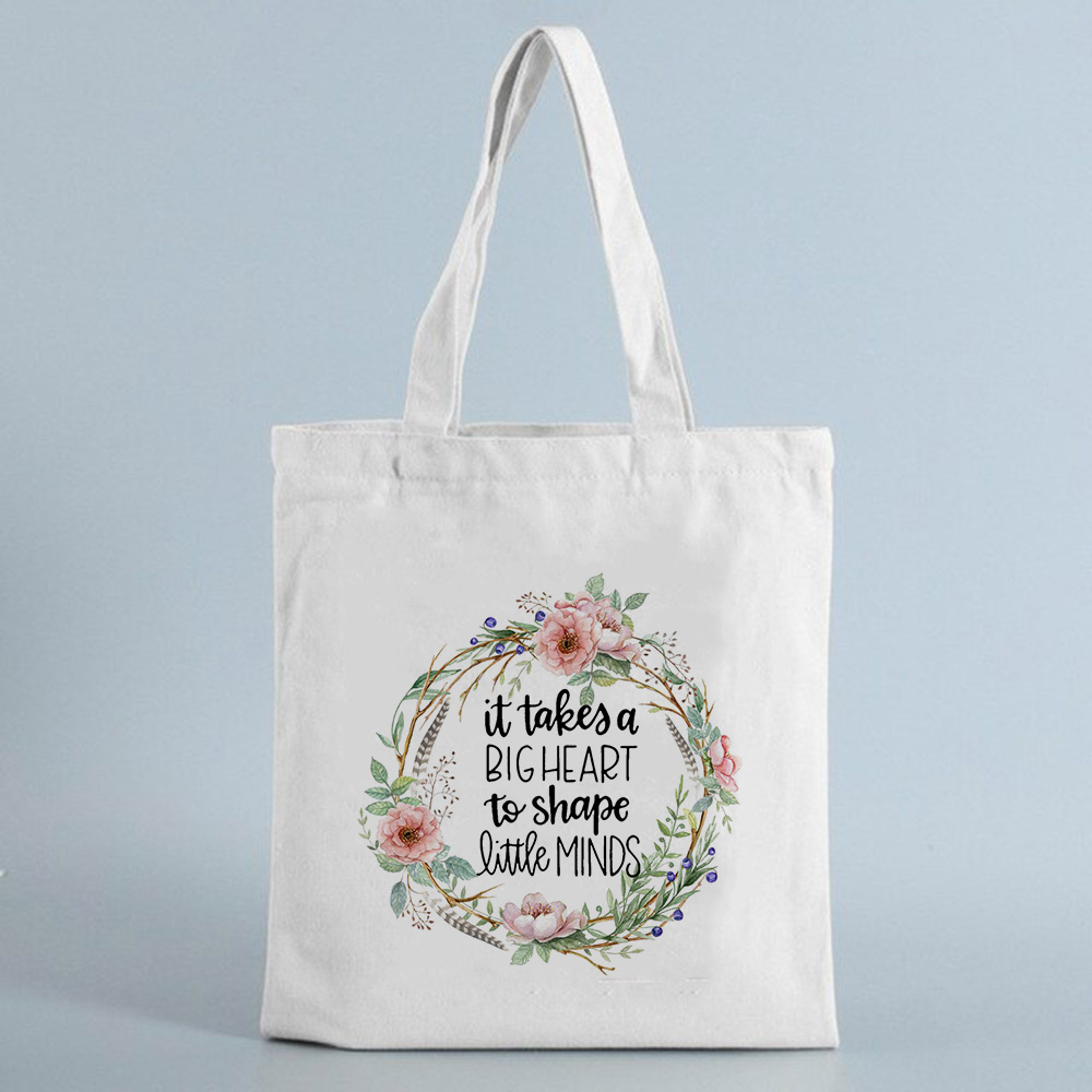 It Takes A Big Heart To Shape Little Mind Canvas Reusable Shopping Bag Teacher Shoulder Cloth Bags Shopper Tote Bag: B10820-TBWH-M