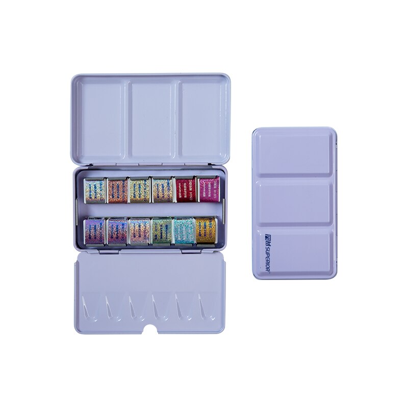 Superieure 12/24/48 Kleuren Glitter Aquarel Verf Effen Kleuren Kunstenaar Aquarel Schildert Roze Draagbare Metal Case Met Palet: 12 colors purple box
