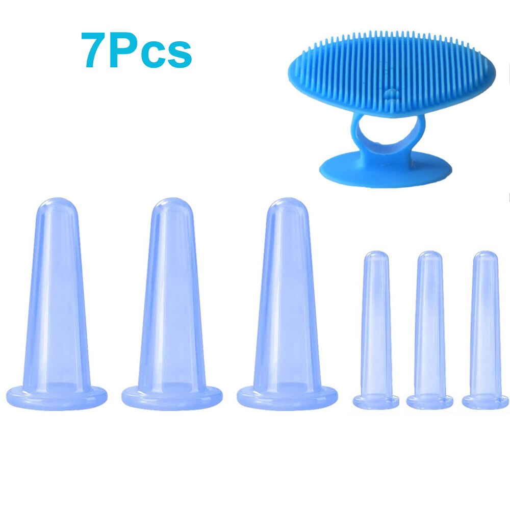 7Pcs Cupping Facial Set Voor Gezicht Eye Cupping Massage, facial Cupping Set Siliconen Cups Met Exfoliërende Borstel Voor Gezicht Hals Huid: Blue