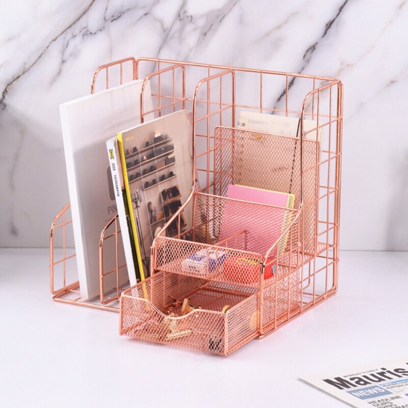 Hollow-out File Folder Rose Gold Magazine File Holder Multiple Compartments Desktop Vertical File Organizer