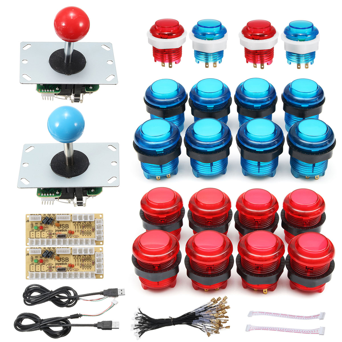 Diy Joystick Arcade Kits 2 Spelers Met 20 Led Arcade Knoppen + 2 Joysticks + 2 Usb Encoder Kit + kabels Arcade Game Onderdelen Set: 1