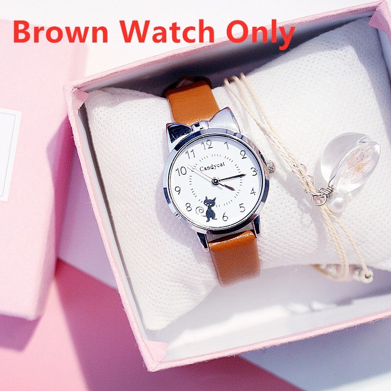 Studenten Kinderen Roze Horloge Meisjes Lederen Kind Kids Zwarte Kat Quartz Horloge Ronde Analoge Klok Horloges: Brown Watch Only