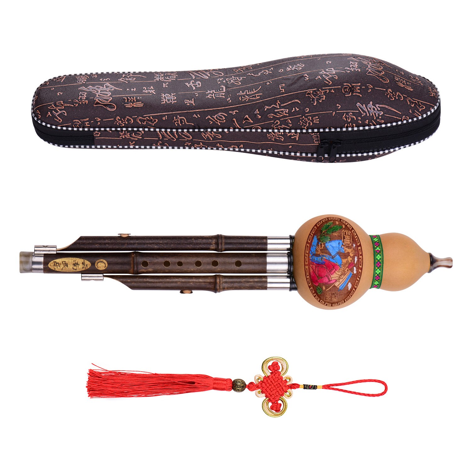 3 Tone C-Key Hulusi Gourd Cucurbit Flute Black Bamboo Pipes Chinese Traditional Instrument with Chinese Knot Carry Case