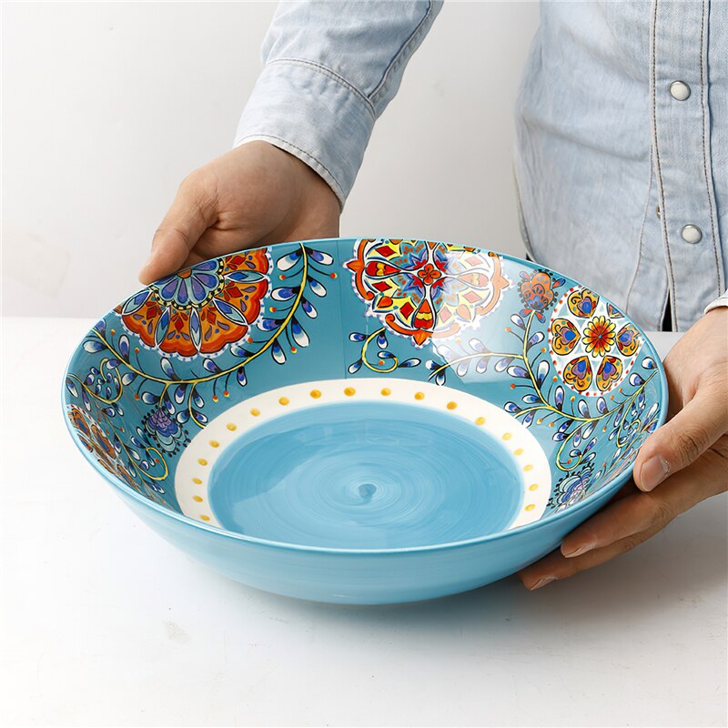 1pcs Ceramic Tableware Bohemian Style Round Flowers Bone China 6/8/10 Inch Plate Bowl Dish Household Kitchen Supplies Dinnerware