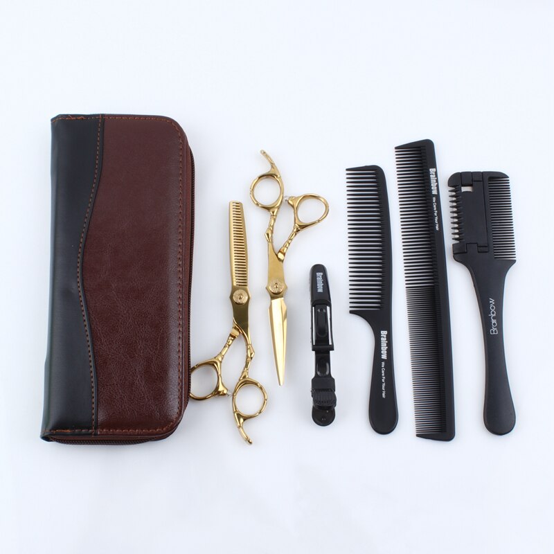 Brainbow 6' Hair Scissors 6cr13 Super Hairdressing Barber Scissors Thinning Cutting Shears Haircut Hair Style Tools: set6-leather case