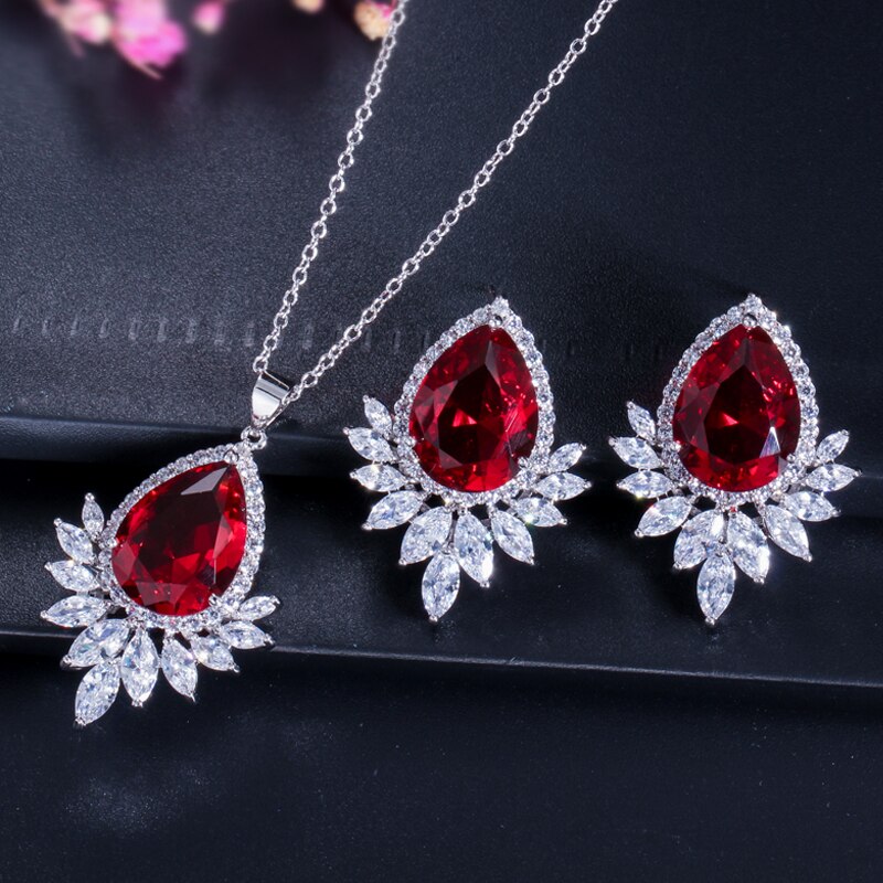 CWWZircons White Gold Color Cubic Zirconia Jewelry Big Tear CZ Ladies Necklace And Earring Set T051