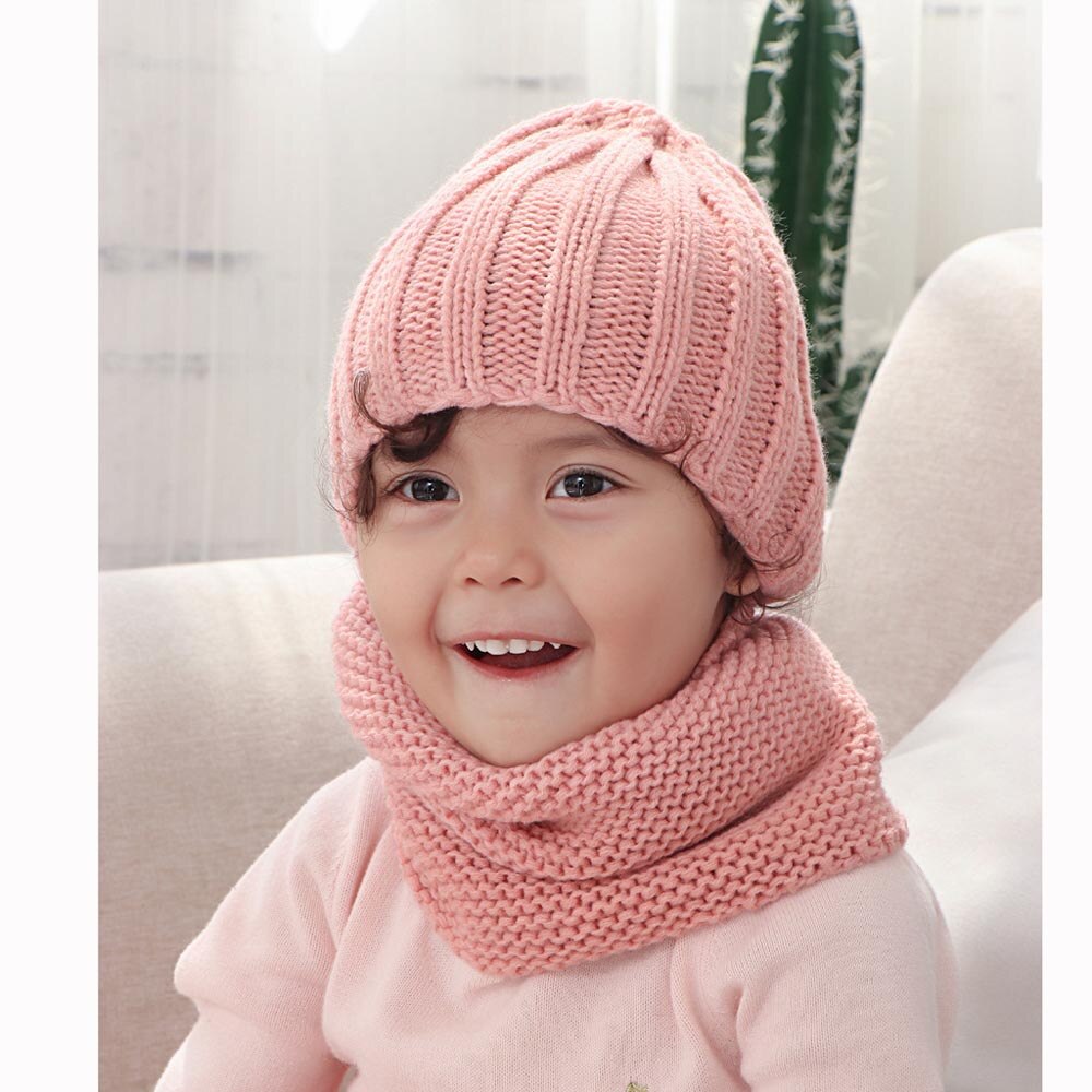 Kindermuts warme gebreide muts sjaal 2- delige set wintermuts sjaals kinderwintermuts voor jongens meisjes: Roze