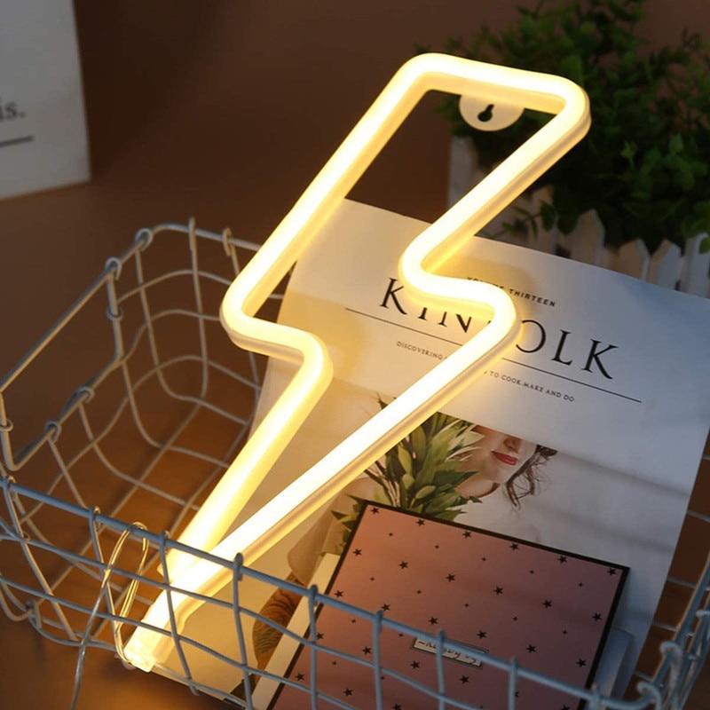 Señal de LED neón con forma de rayo, luz nocturna decorativa para mesa, USB funciona con pilas, para en casa, decoración de sala de estar,: Warm White