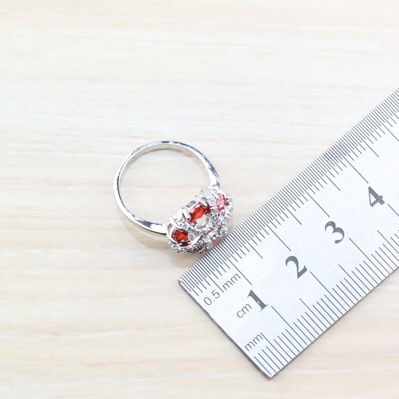 Bedel rode granaat bruids zilverkleur dames kostuum sieraden sets oorbellen ketting ring maat 6/7/8/9/10