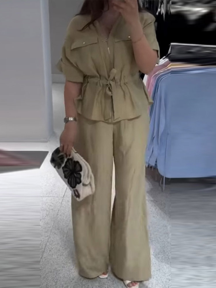 Set Woman 2 Pieces Short Sleeve Stand Zippers Lace Up Tops Loose Straight-leg Pants Summer Female Casual Outfits