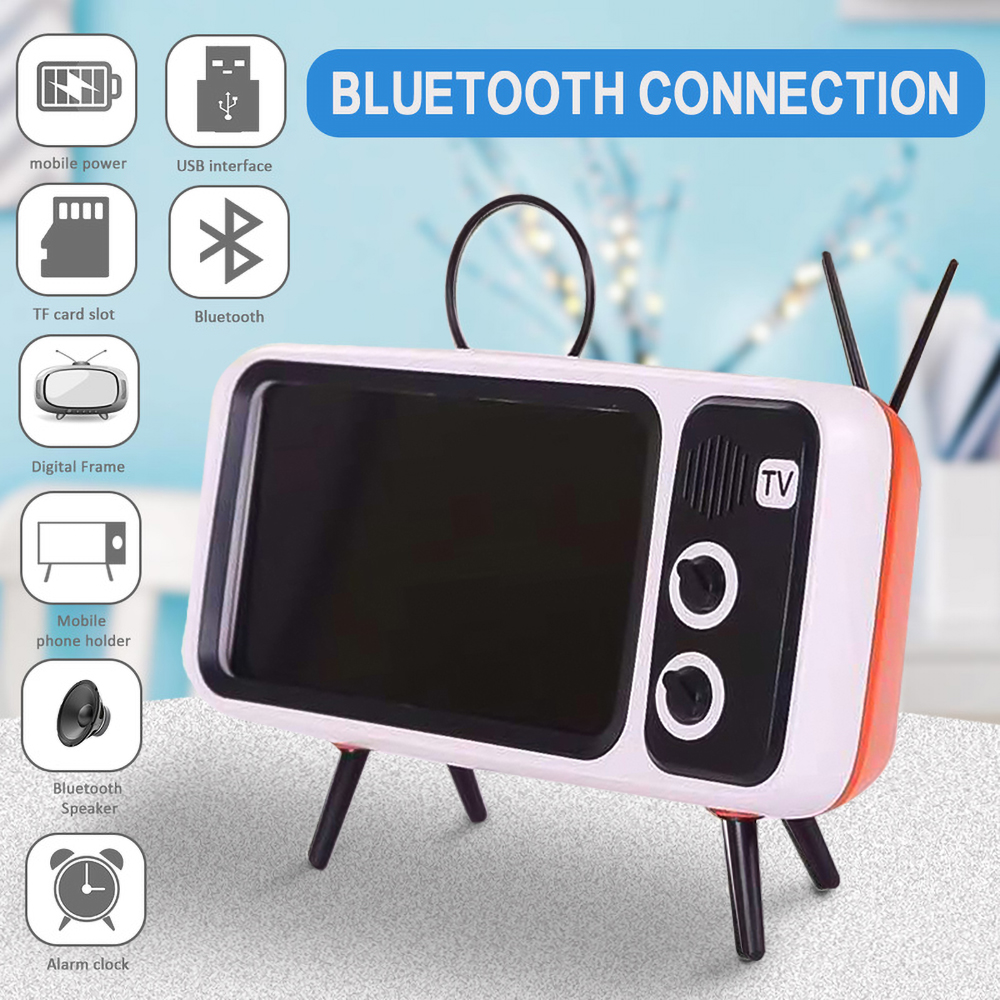 Kebidu Wireless Bluetooth Bass Speaker Retro TV Mobile Phone Holder Stand Mini Portable Speaker Retro Photo Frame