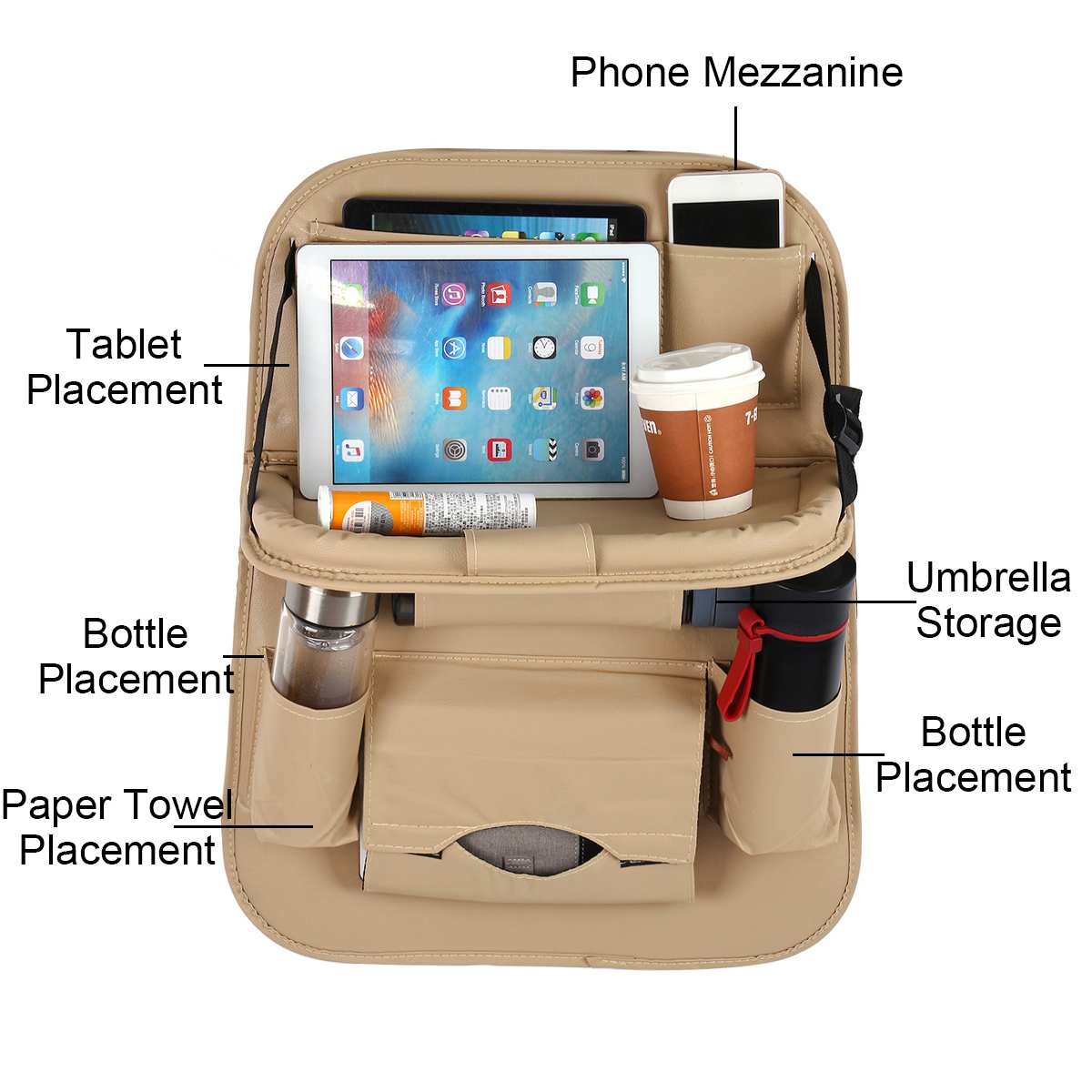Car Seat Organizer PU Leather With Pockets, Folding Table