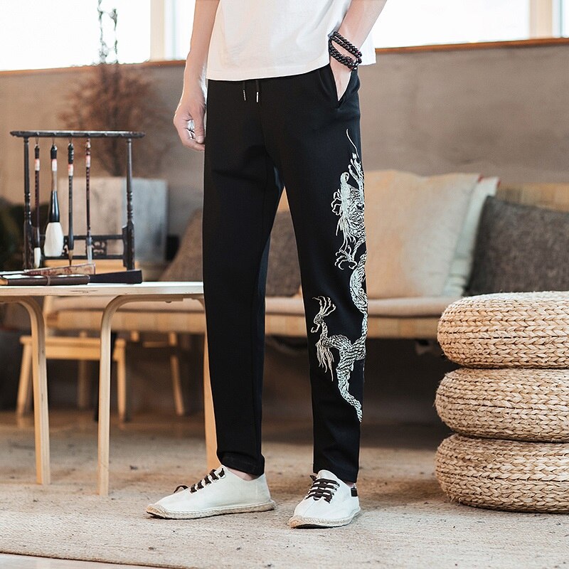 Mænd afslappet kinesisk stil bukser drage broderi løse bukser sommer japansk elastisk harem bukser streetwear 10819 – Grandado