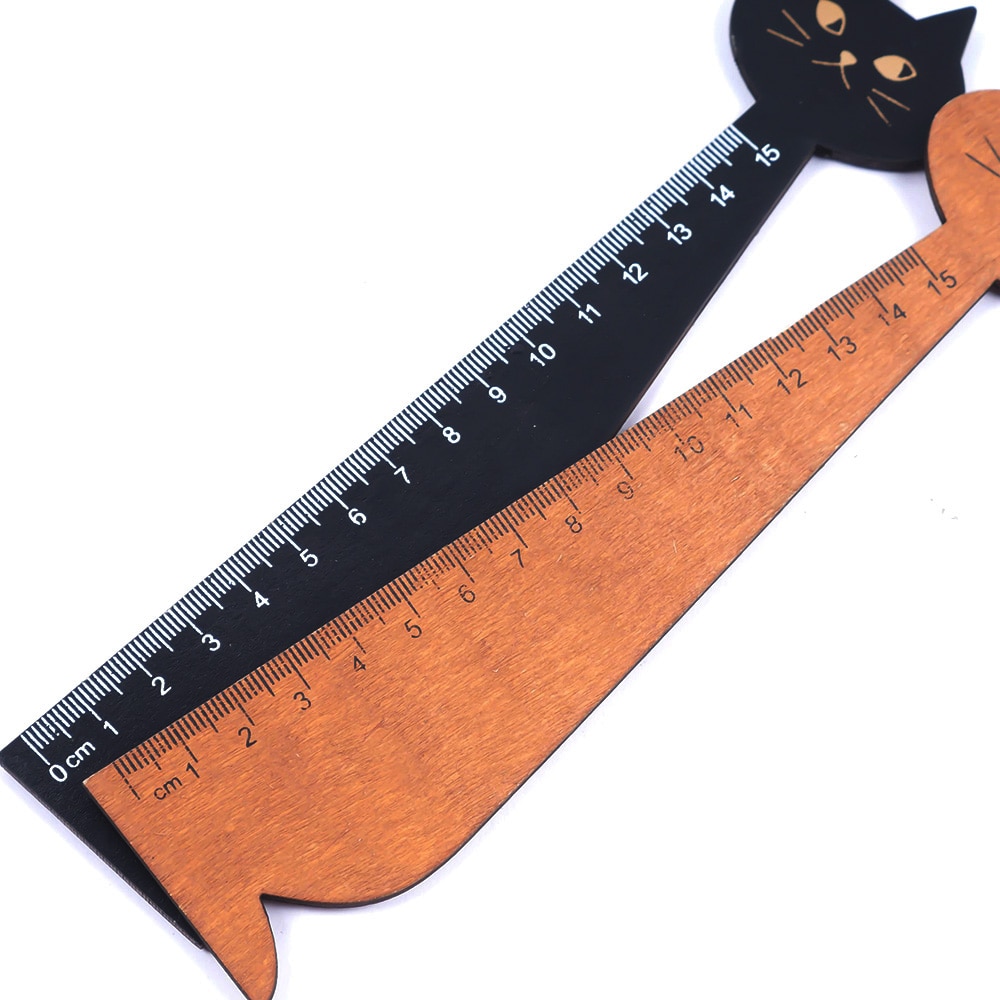 Regla de 15cm con forma de gato, regla recta de animales de madera, para útiles escolares para niños, papelería, negro, amarillo, 1 ud.