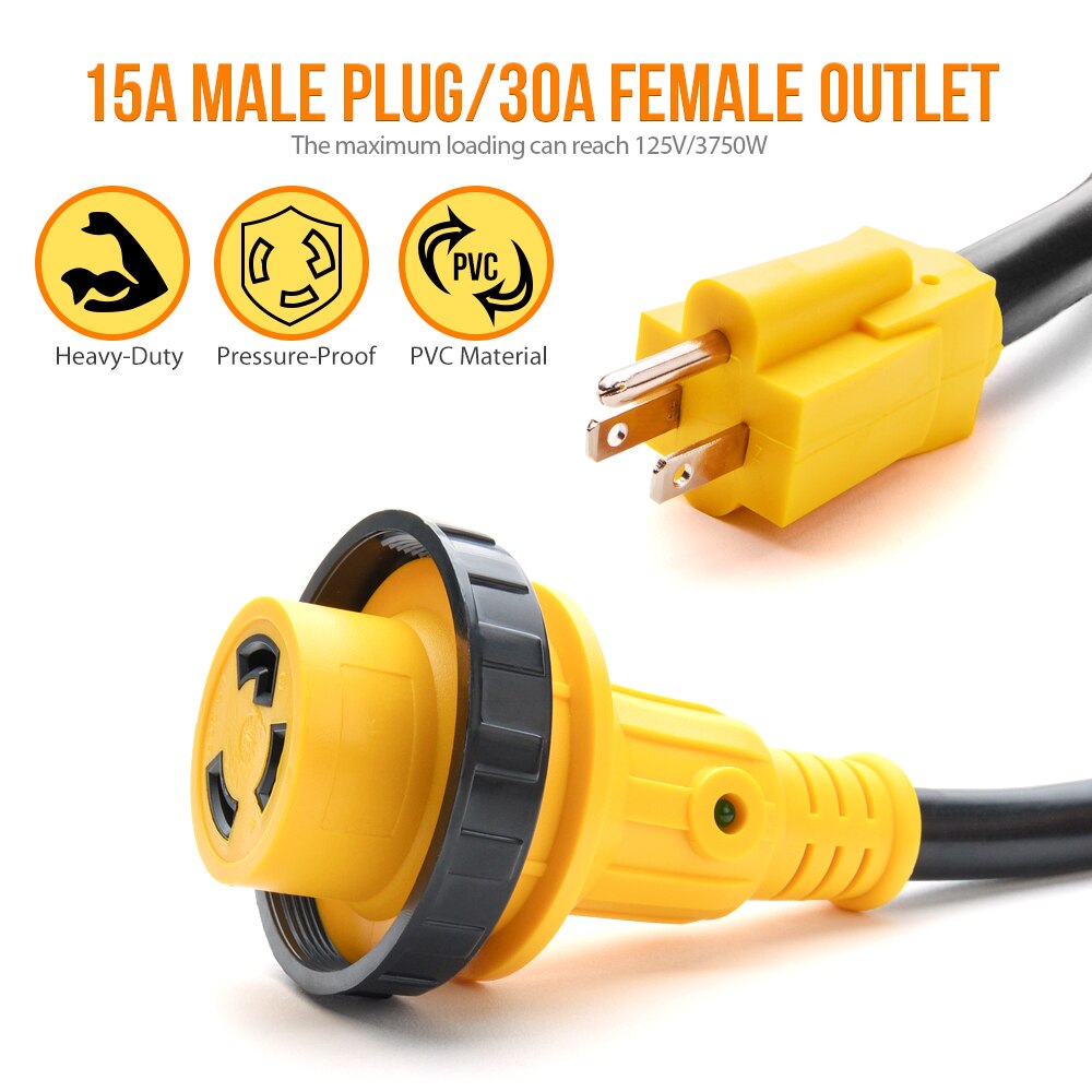 MICTUNING 18inch 15A Male to 30A Female RV Power Cord Heavy Duty Plug Adapter 125V w/ LED Indicator Light Twist Lock Accessories