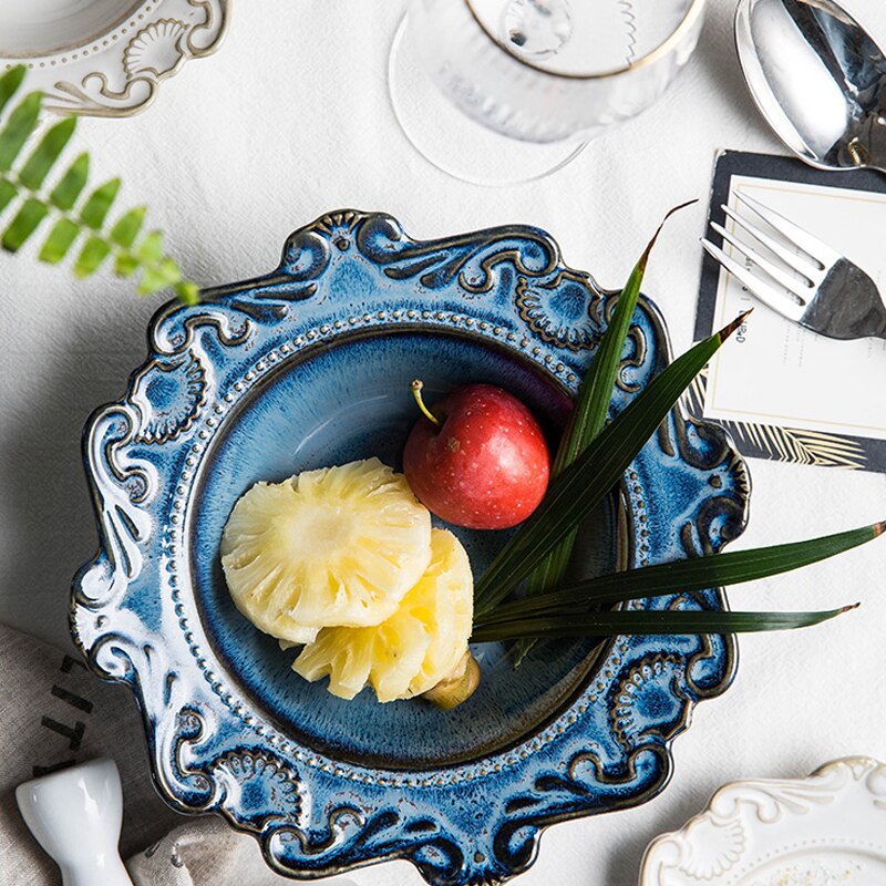 European retro ceramic dinner plates embossed Blue White Dinnerware porcelain dessert cake plate round bowls kitchen Tableware