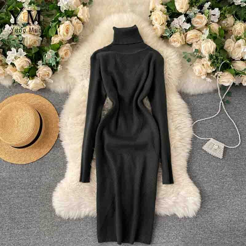 Yuoomuoo Trui Jurk Winter Coltrui Warme Lange Mouw Gebreide Jurk Alle Match Casual Solid Vrouwen Bodycon Jurk: green