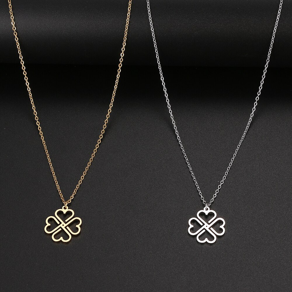 Edelstahl Anhänger Halskette - Kleeblatt & Kreuz - Gliederkette Choker für Damen