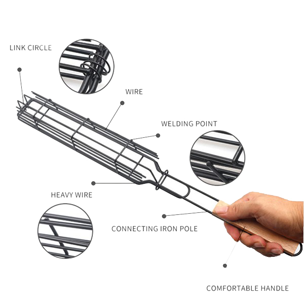 4 Pcs Kabob Grilling Basket with 2Pcs Silicone Brush,Reusable Durable Wooden Handle Barbecue Tool Grill Basket Grill Net
