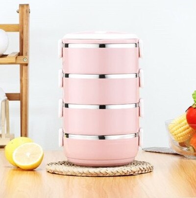 Fiambrera térmica aislante para uso en el hogar, fiambrera portátil de acero inoxidable multicapa a prueba de fugas, herramientas de cocina para exteriores: Pink 4 layers