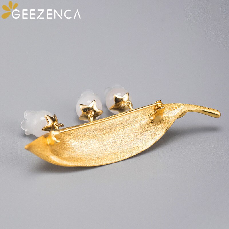 925 Sterling Silver Golden Leaf White Jade Flower Brooch Fine Jewelry for Women Handmade Craft Original Brooch Party