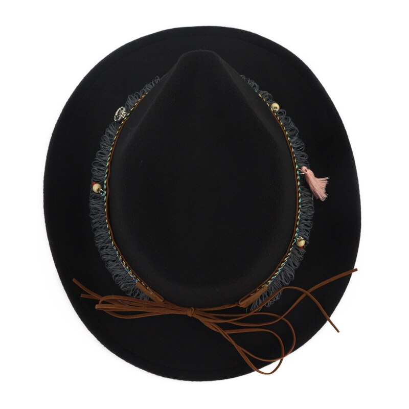 Unisex Men Women Black Red Patchwork Cowboy Felt Hat Larger Brim Panama Jazz Fedora Hats with National Style Ribbon
