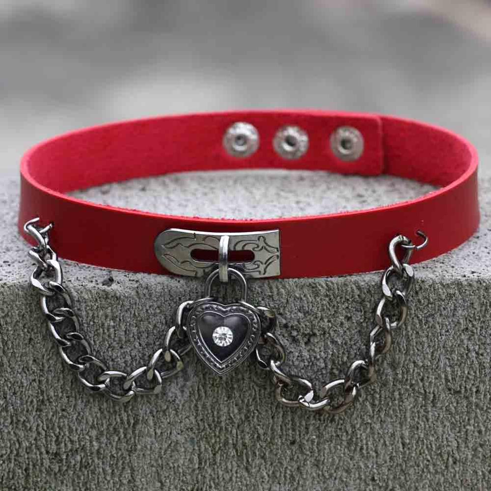 Punk Herz Anhänger Kette Spike Kragen Gothic Leder Halsband Schnalle Halskette: red