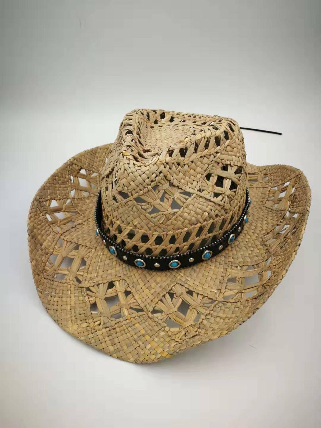 Naturlig raffia halm cowboy hat kvinder mænd håndlavede væve cowboy hatte til dame kvast sommer vestlige hatte  l3: 6