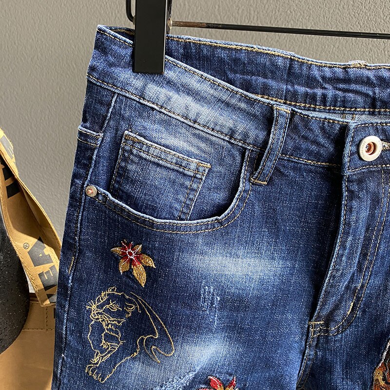 Short en jean brodé tigre chinois pour homme, tenue décontractée, coupe droite, Slim, Hip Hop, , nouvelle été