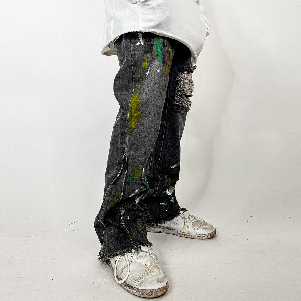Hip hop graffiti denim flare bukser herre afslappet lynlås revet hul efterår vinter streetwear lange bukser joggers jeans