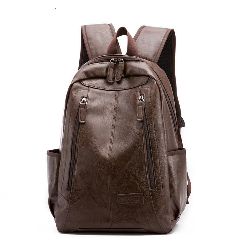 Mænd ensfarvet bærbar computer rygsæk vandtæt pu læder rejse taske high school tasker til teenage drenge mochila: Brun