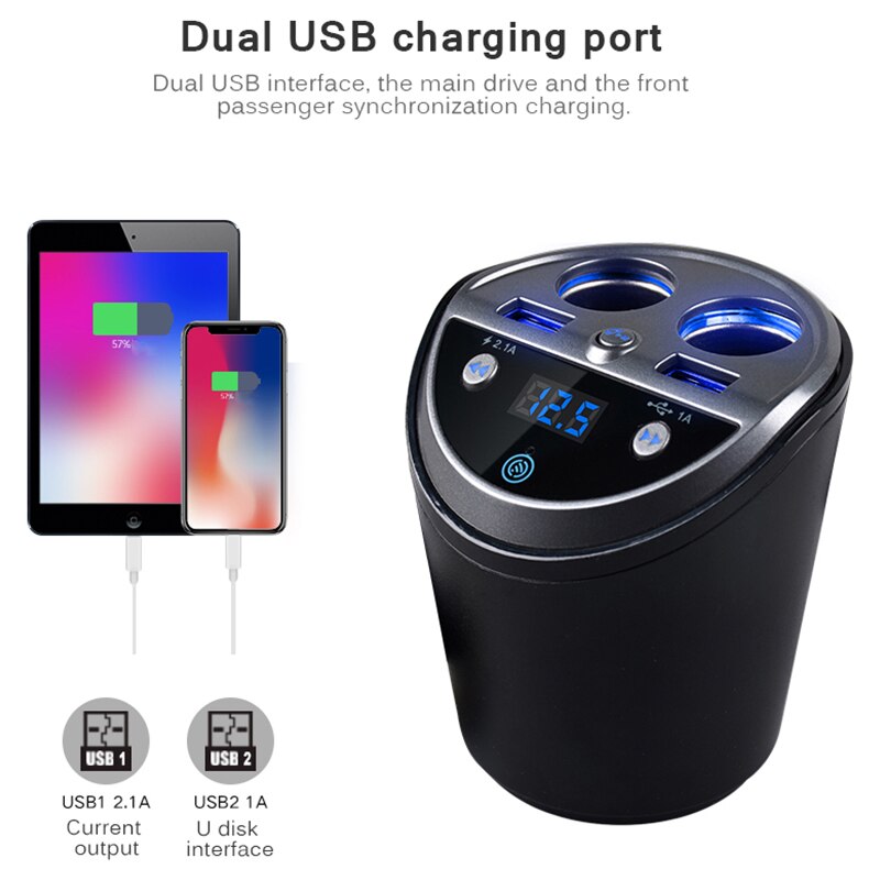 Bluetooth draadloze auto fm-zender, bekerhouder voor  mp3 spelers, handsfree autokit, fm-radio, dubbele usb-poort voor sigarettenaansteker in de auto