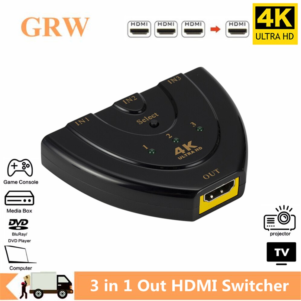 Grwibeou Hdmi Switcher Hdmi Splitter 3 Poorten Mini 4K * 2K Switch Converter 1080P Voor Dvd Hdtv pc Projector 3 In 1 Out Poort Hub