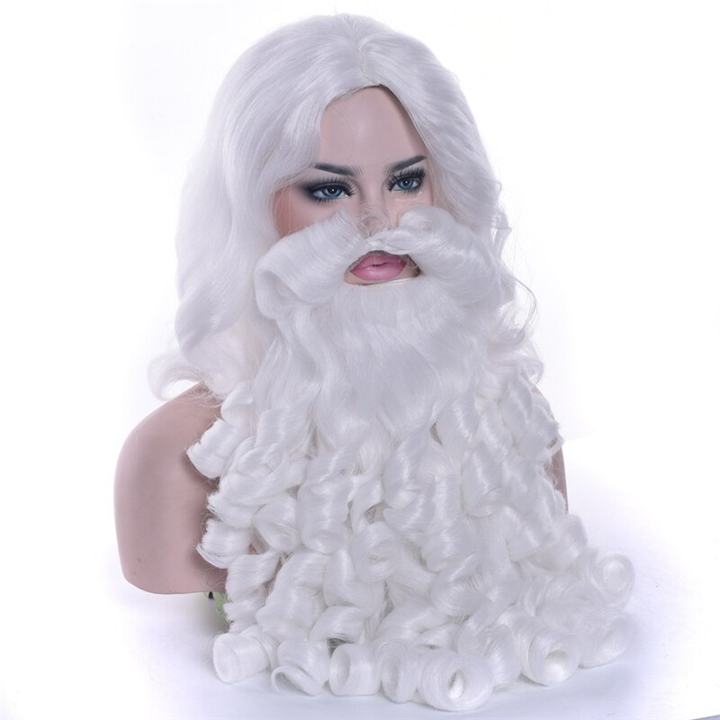 Julenissen skjegg parykk langt bølget hårpynt hvitt sett fancy ansiktshår julefestkostyme cosplay parykk pelucas