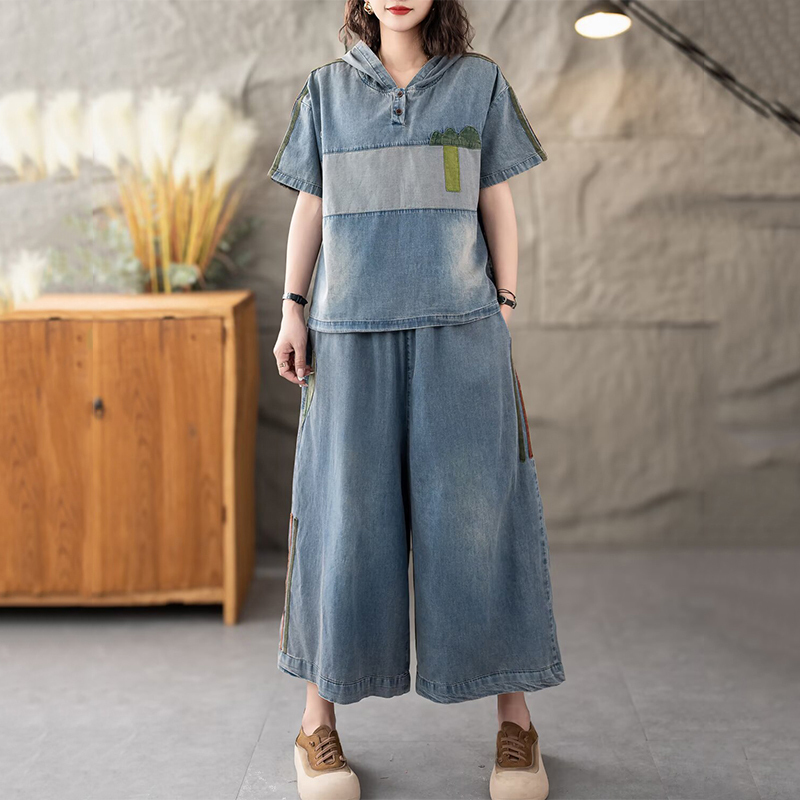 masse wass sommerantrekk dame trenings denim 2- delt sett kommode løse hettegensere årgang jeans avslappet vide bukser
