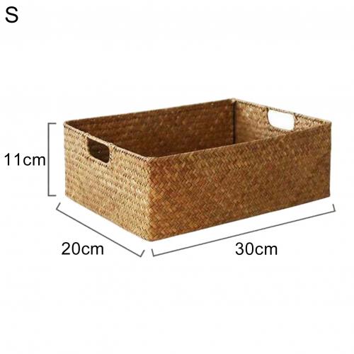 Natural Straw Rectangular Desktop storage basket Wire Handles Decor Seagrass Woven Wicker Basket Organizing Shelves mx01171052: S