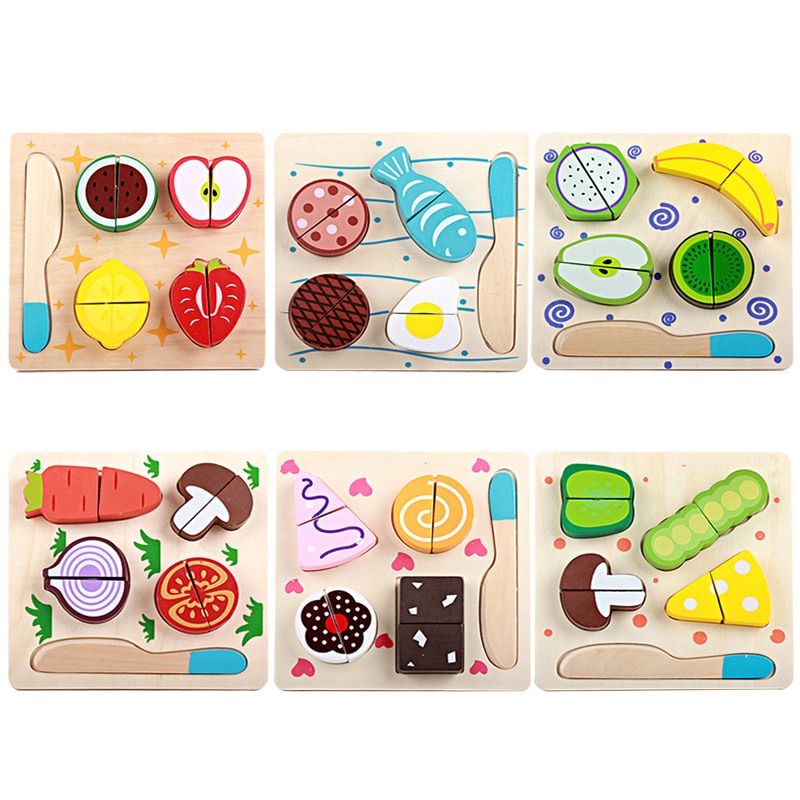 3D Wooden Puzzle Cutting Fruits Vegetables String Pretend Play Learning Early Educational Toys For Children Kids