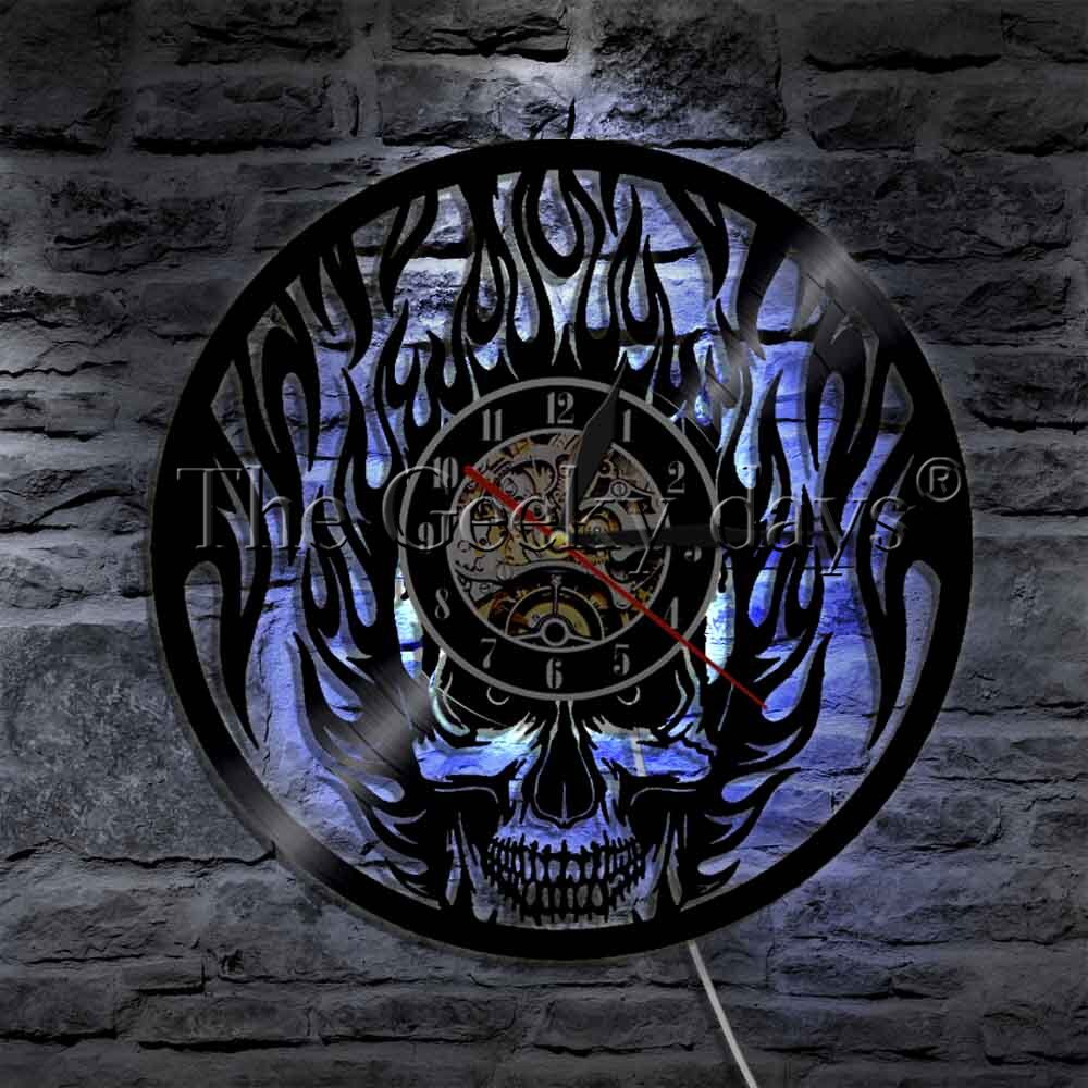 1Piece Black Fire Skull Wall Clock Cranium Horror Vinyl Clock LP Record Death's Head Decorative Clock Led Lighting