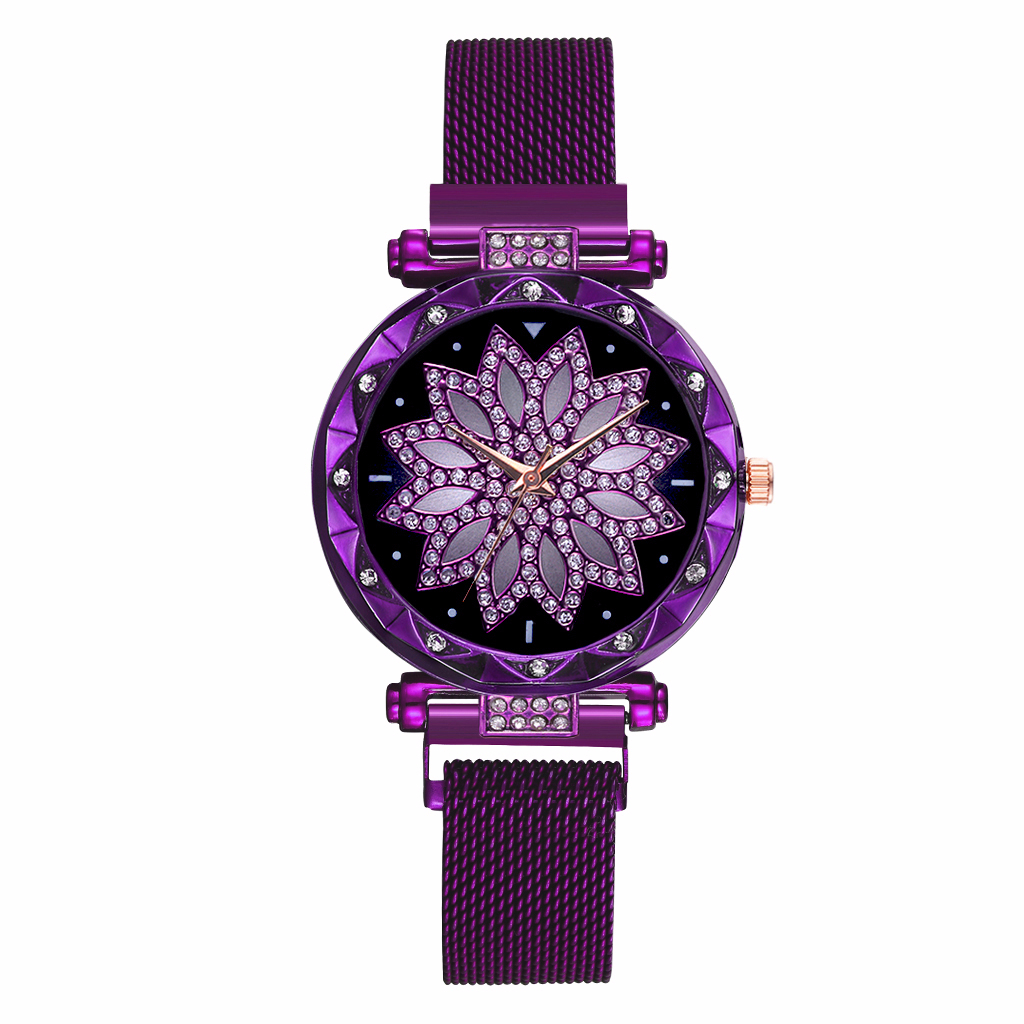 Dam magnet spänne stjärnhimmel blomklocka lyx dam strass kvarts klocka klocka relogio feminino: Lila